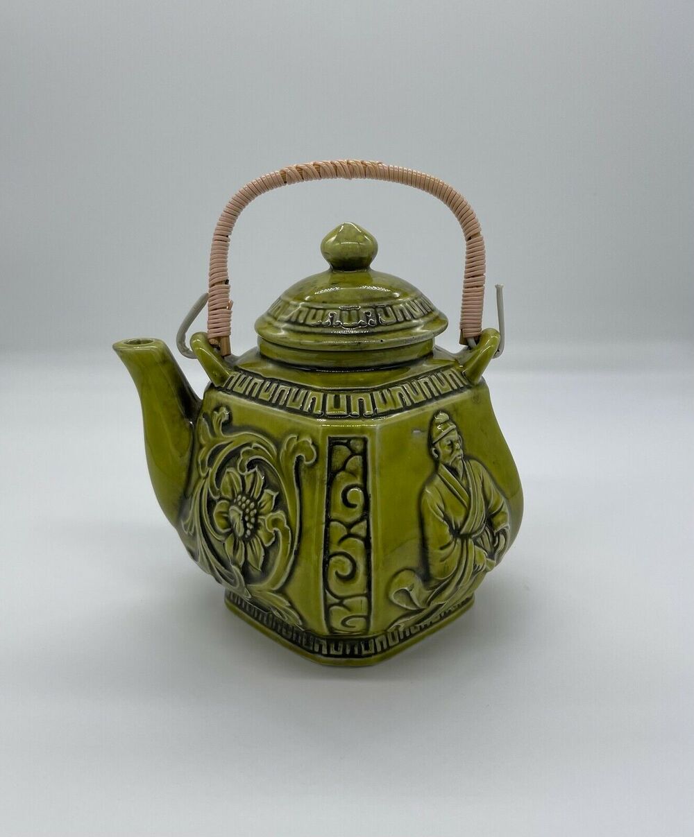 Green Embossed Tea Pot Dynasty Royal Sealy Kaycoware Square with Wrapped Handle